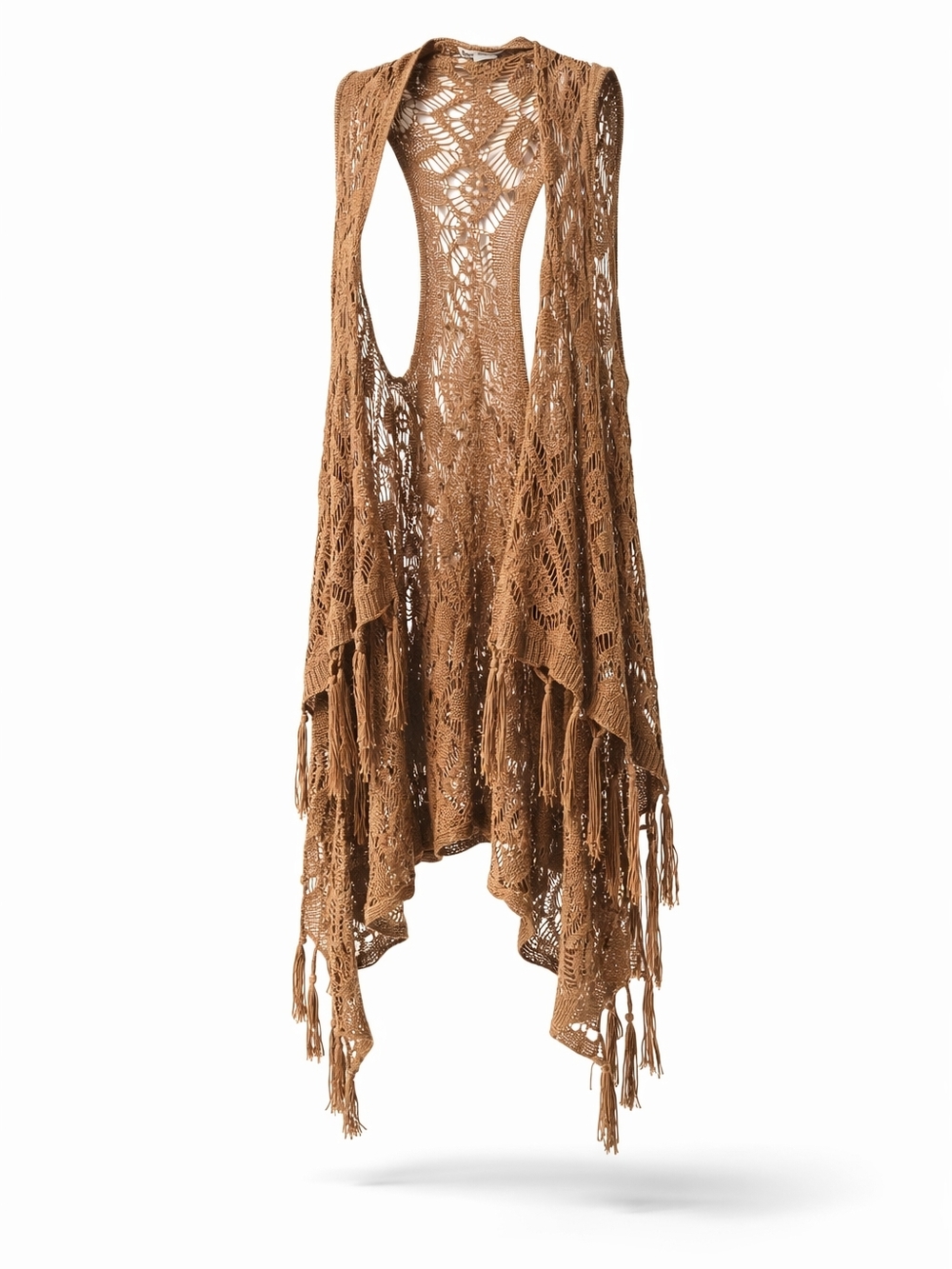 Boho Crochet Fringe Vest With Tassels in Warm Camel